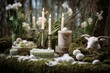 Altar for Imbolc with Brigid's cross, snowdrops, candles, sheep, winter forest. Symbolizes spring equinox. Generative AI