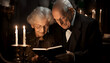 © David Lim  - An elderly couple reading memories from a diary together at anniversary memorial in romantic atmosphere, candles, suit, elegant