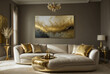 Salon luxueux avec un canapé en or et cuir blanc