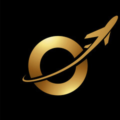 Glossy Gold and Black Lowercase Letter O Icon with an Airplane