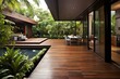 Contemporary wooden deck with tropical hardwood patio. Generative AI