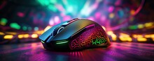 close up black mouse on table desk with rainbow glow light, idea for gaming gear mouse, Generative Ai	
