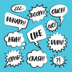 Wall Mural - Comic speech bubbles with handwritten text. Outline, hand drawn retro cartoon stickers on blue background. Chatting and communication, dialog elements. Pop art style. Vector illustration