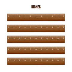 Wall Mural - Realistic various wooden rulers with measurement scale and divisions, measure marks. School ruler, centimeter and inch scale for length measuring. Office supplies. Vector illustration