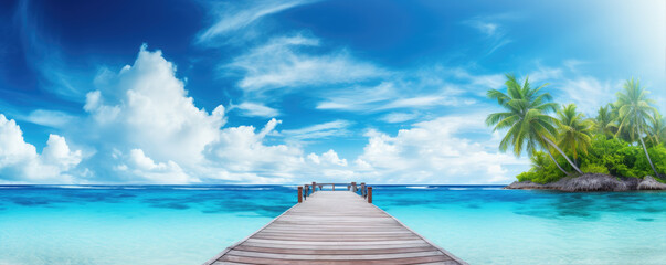  wooden pier on tropical summer beach. Blue sky holiday banner. copy spce for text