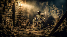 Skeleton Sitting On A Chair In An Old Brick Cellar