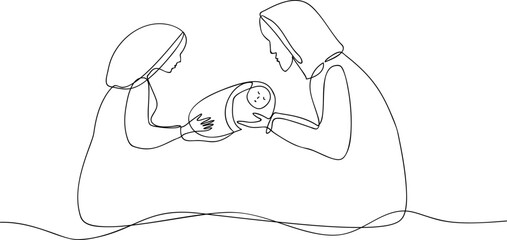 Joseph and Mary with the Baby. Vector illustration in the style of one line.