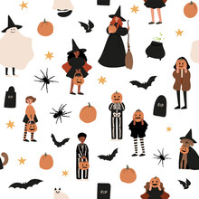 Halloween Seamless Pattern, Kids And Pets In Costumes Digital Paper, Pumpkin Face Background, Ghost Cat Dog Vector Illustration Clipart, Witch Scrapbook Paper, October Festival, Flat Style Images.