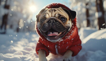 Cute puppy in winter snow, wearing fur cap, looking cheerful generated by AI