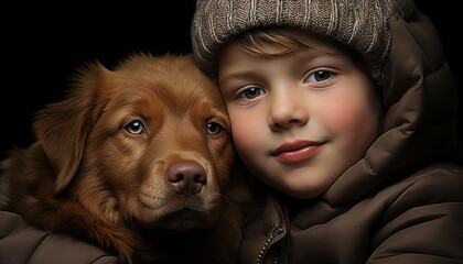 Canvas Print - Smiling child embraces cute puppy, pure joy and innocence generated by AI