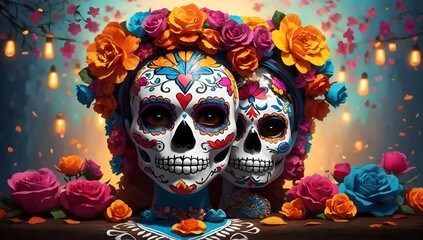 Wall Mural - Day of the dead background, La Catrina, mexican skull, flowers, altar and candles festive banner with copy space text 