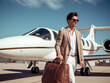 Stylish entrepreneur stepping out of a private jet with designer luggage in tow.