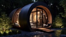 Outdoor Sauna Cabin With Nature Green Garden At Night Time, Generative Ai	

