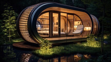 outdoor sauna cabin with nature green garden at night time, Generative Ai	
