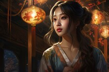 Realistic Painting Style Illustration Of Chinese Girl Sitting At Balcony Window At Night Time, Generative Ai