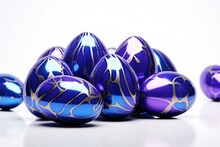 Easter Eggs In Purple And Navy Foils On A White Background. 3D Rendering. Generative AI