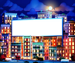 Wall Mural - 3D Illustration with colourful city houses, periodic buildings at night and screen for your information 