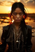 A Woman With Long Hair Wearing A Black Jacket And Gold Necklaces