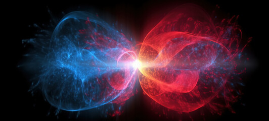 red and blue particles colliding and merging in dark space. powerful flare of light. science concept