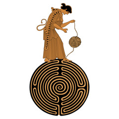 Ariadne thread. Ancient Greek woman standing on a round spiral maze or labyrinth symbol and holding yarn ball. Vase painting style. Creative mythological concept. Isolated vector illustration.