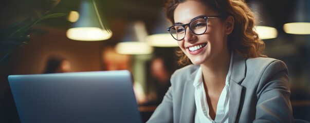 Wall Mural - Professional female employee or a businesswoman using a laptop in a public place. Copy space