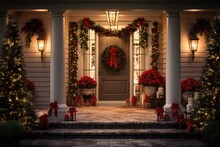 Exterior Of A Suburban House In The USA Decorated For Christmas And The New Year Holidays