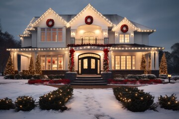 Wall Mural - Exterior of a suburban house in the USA decorated for christmas and the new year holidays