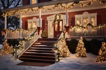 Wall Mural - Exterior of a suburban house in the USA decorated for christmas and the new year holidays