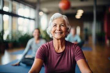 Diverse group of senior women and friends doing yoga and meditating together in a yoga class