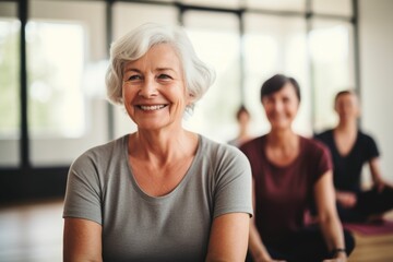 Diverse group of senior women and friends doing yoga and meditating together in a yoga class