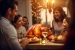 © urdialex - a family celebrating thanksgiving day with a stuffed turkey ready to eat