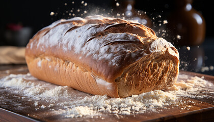 Sticker - Freshly baked homemade bread on rustic wooden table generated by AI