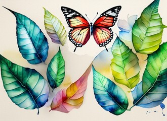 Wall Mural - Watercolor illustration of butterflie and leaves