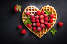 Delicious Heart Shape Waffle Decorated With Red Berries, Top View
