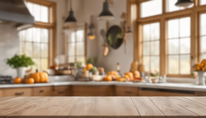 Wood table with copy space in autumn kitchen with pumpkin decorations