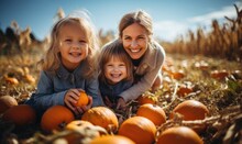 Mother And Daughters Sitting In Pumpkin Patch, Outdoors Portrait. Happy Family At Farm Picking Pumpkins For Halloween Or Thanksgiving Day.