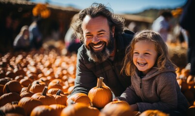 grandfather and granddaughter sitting in pumpkin patch, outdoors portrait. happy family at farm pick