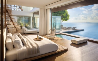 Wall Mural - Contemporary loft bedroom overlooking private pool and sun deck with stunning ocean vista. Generative AI