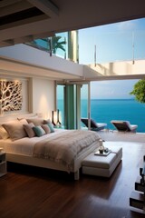 Wall Mural - Contemporary loft bedroom overlooking private pool and sun deck with stunning ocean vista. Generative AI