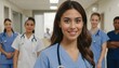 © ibreakstock - Nursing student standing with her team in hospital, dressed in scrubs, Doctor intern