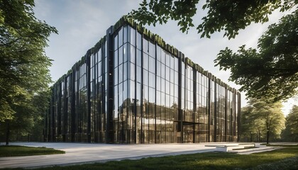 Wall Mural - Eco-Friendly Glass Office: Sustainable Building with Trees and Green Environment