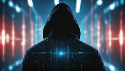 Black hoodie hacker with network of glowing data and intricate code - cybersecurity