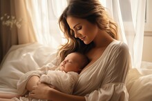 A Loving Mother Takes Care Of Her Newborn Baby At Home. A Bright Portrait Of A Happy Mother Holding A Sleeping Baby In Her Arms. Mother Hugging Her Little Child