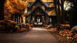 Fall and autumn beautifully decorated house porches with pumpkins, gourds and seating - generative AI.