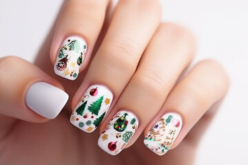 Wall Mural - Female hand closeup with winter manicure, Christmas trees, decorative balls, Christmas symbols. Generative AI