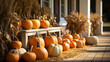 Fall and autumn beautifully decorated house porches with pumpkins, gourds and seating - generative AI.