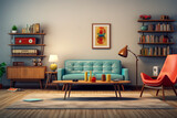 Fototapeta  - Concept living room interior design in the style of the Colourful 70s front view of retro living room with vintage blue sofa with radiogram retro interior room design with abstract wall art
