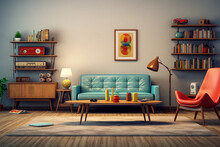 Concept Living Room Interior Design In The Style Of The Colourful 70s Front View Of Retro Living Room With Vintage Blue Sofa With Radiogram Retro Interior Room Design With Abstract Wall Art