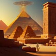 sphinx and pyramid, alien, spacecraft, landscape, landmark, landing, powerful, fantasy, technology, engineering, digital, design, energy, UFO, pharaoh, king,castle, ruined, illustration, ancient city,