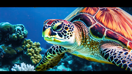 Wall Mural - Sea turtle close-up over a coral reef in the Maldives. Travel and vacation background. 